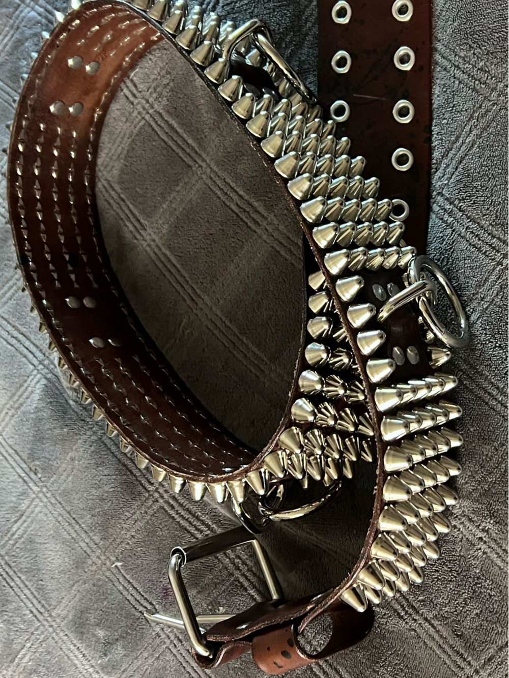 Brown And Black Leather 5-Row Stud 5-Ring Bondage Belt Crust Punk DIY DBEAT - Picture 3 of 6